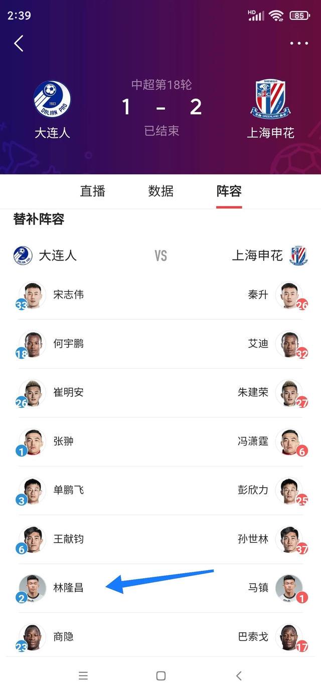 中场休息，这场比赛申花队锋线不能使用最强的球员
